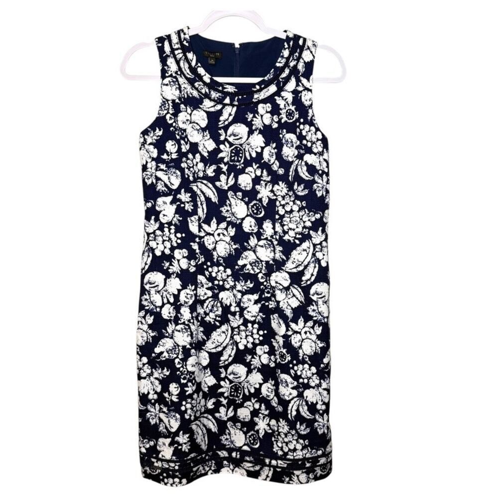 Talbots Mixed Fruit Textured Shift Sleeveless Dress Women 2P Navy Summer
